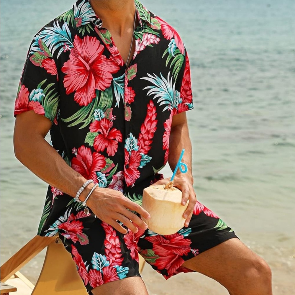 EISHOPEER Unisex Flower Hawaiian Set Casual Short Sleeve Shirt and Shorts Small - Picture 2 of 13